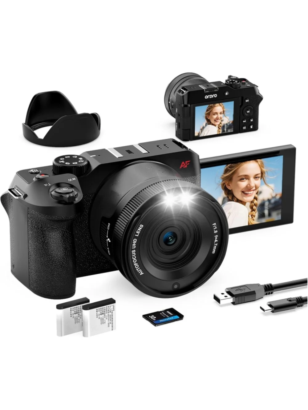ORDRO 5K Digital Camera 80MP Autofocus Vlogging Camera 18X Zoom Flip Screen